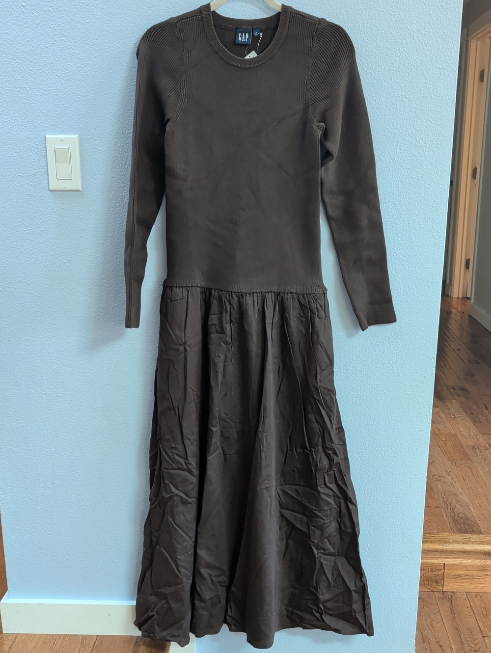Gap Mixed Media Chocolate Brown Long-Sleeve Rib Maxi Dress